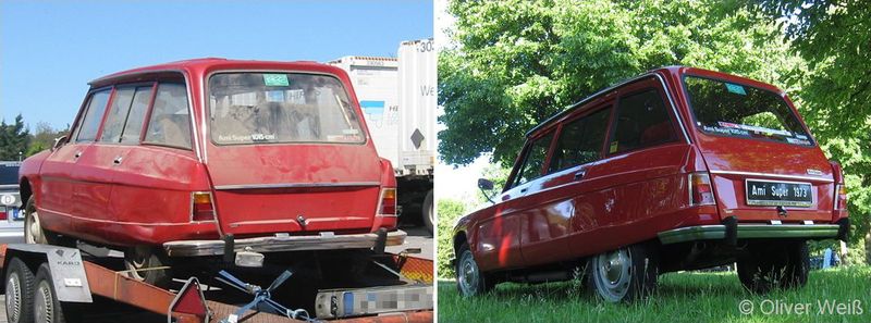 Citroen Ami Super Break nach 16 Jahren in einer Scheune (links) und gewaschen und poliert (rechts)